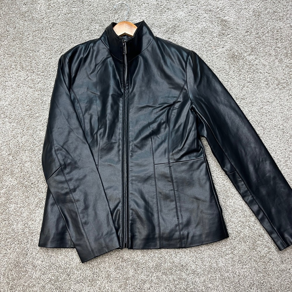 Kenneth Cole Faux Leather Jacket Women Medium Black Long Sleeve Mock Neck Zip Up